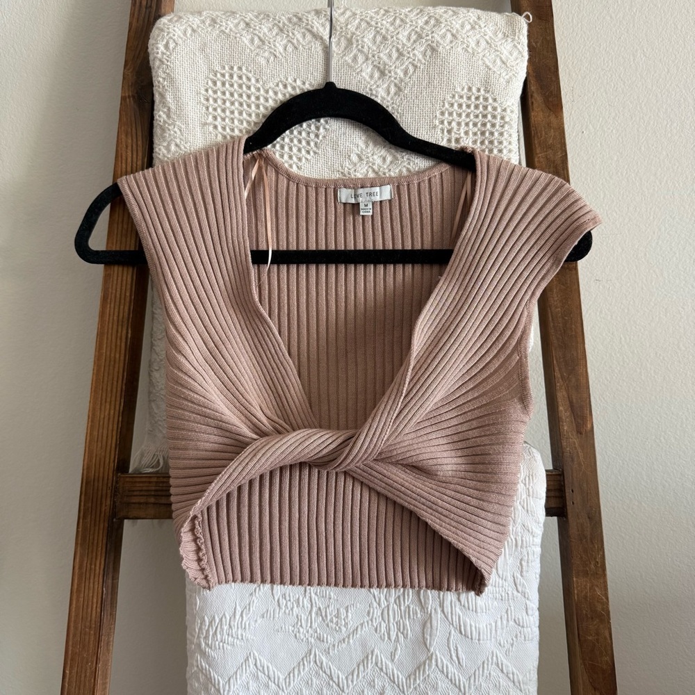 Love Tree Mauve/Brown Ribbed Knit Deep V- neck Twist Cropped Top